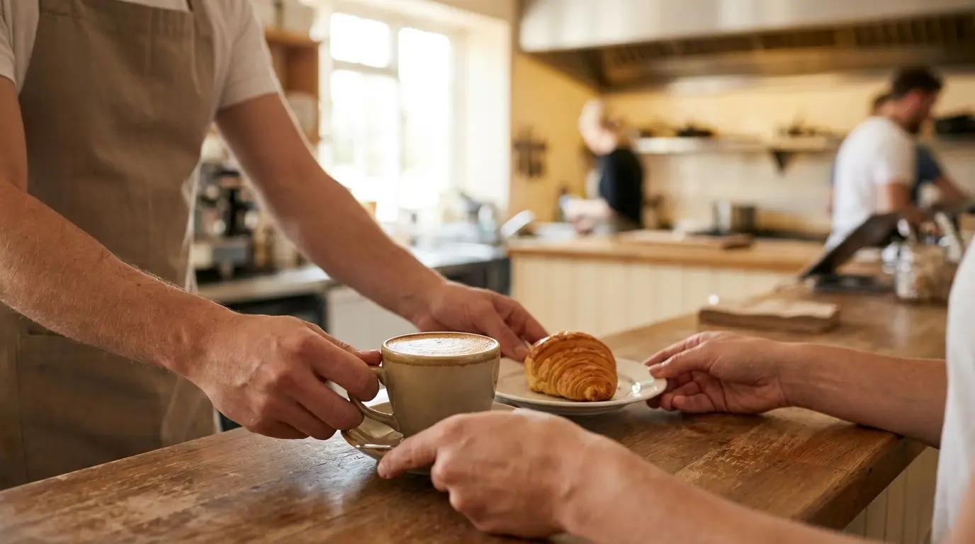 Un barista sert un cappuccino et un croissant au comptoir