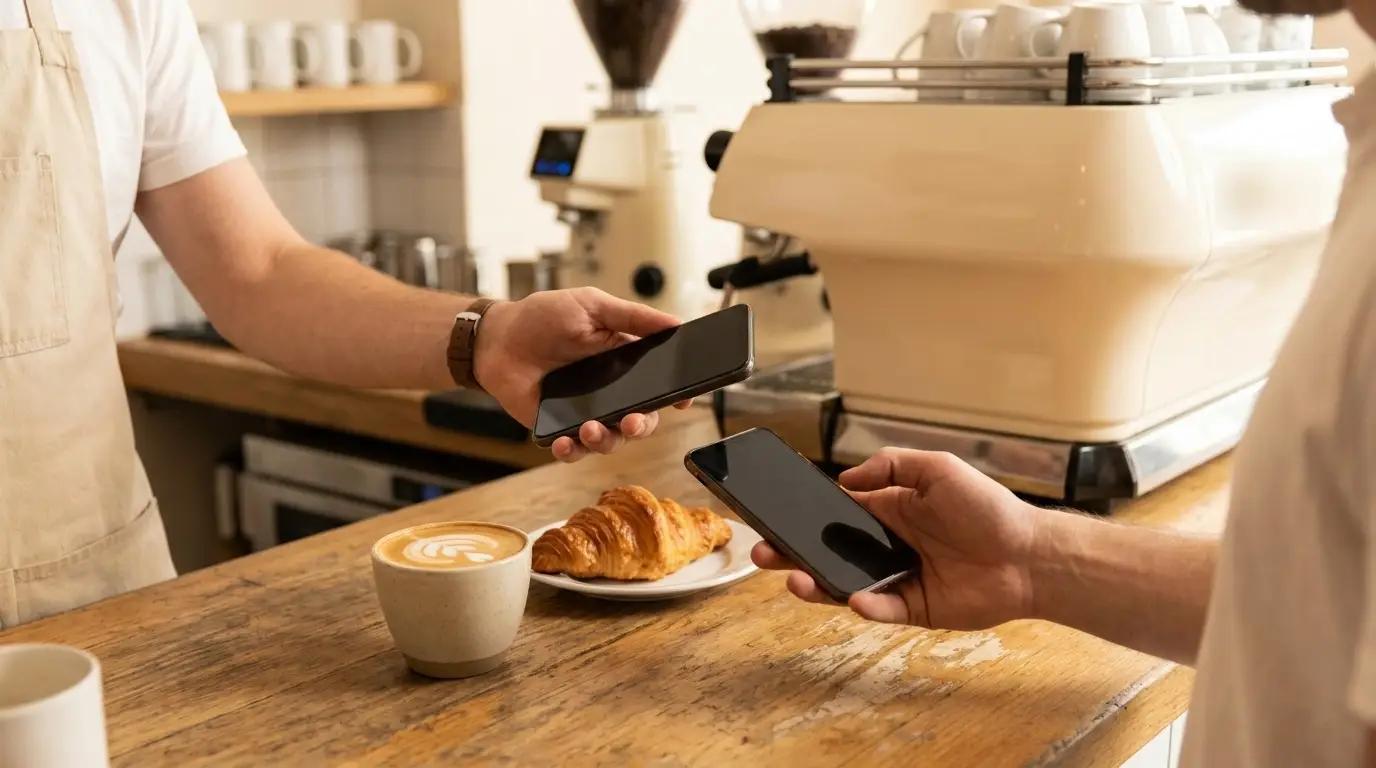 A café owner scanning a guest's phone at the counter