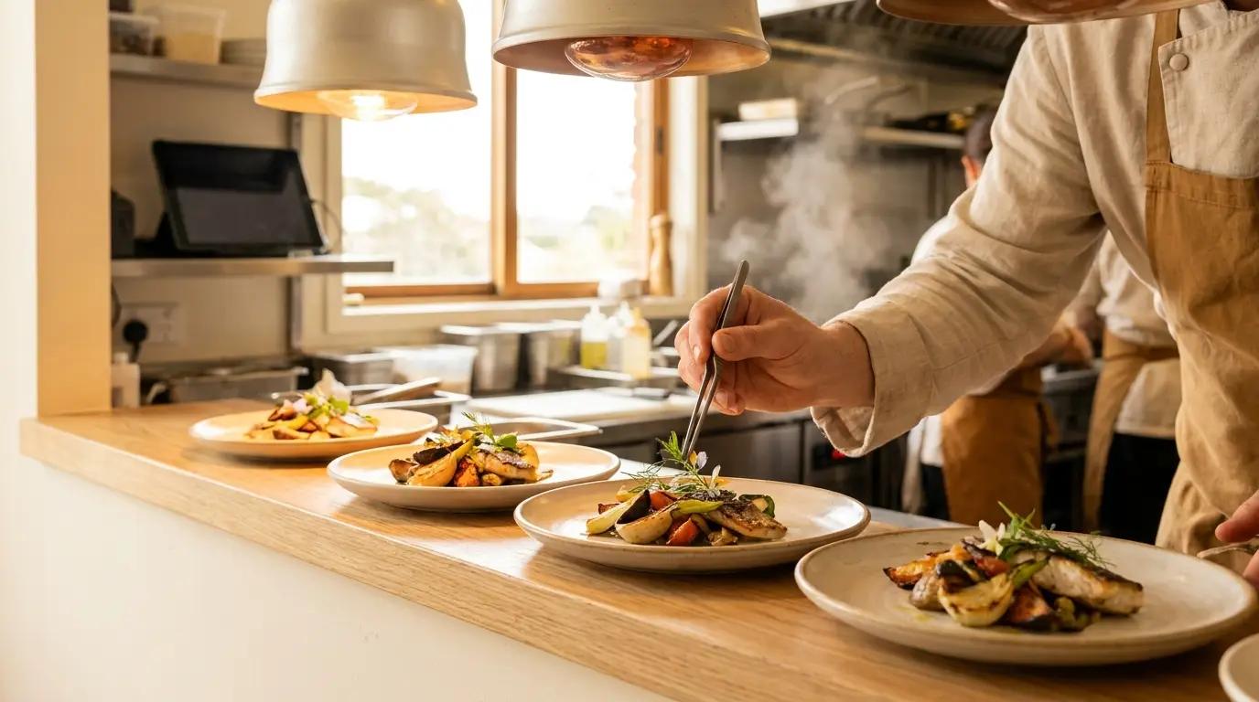 Un chef dresse des assiettes au passe