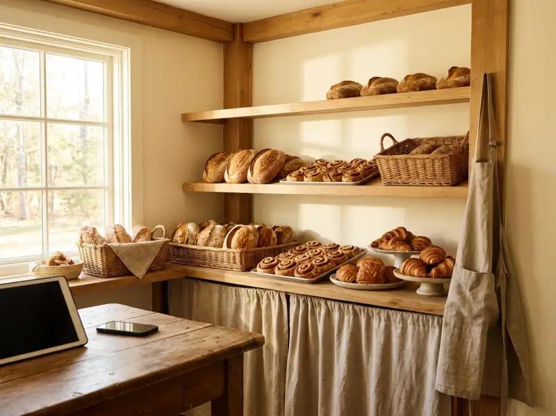 Pains et viennoiseries frais sur les étagères d'une boulangerie