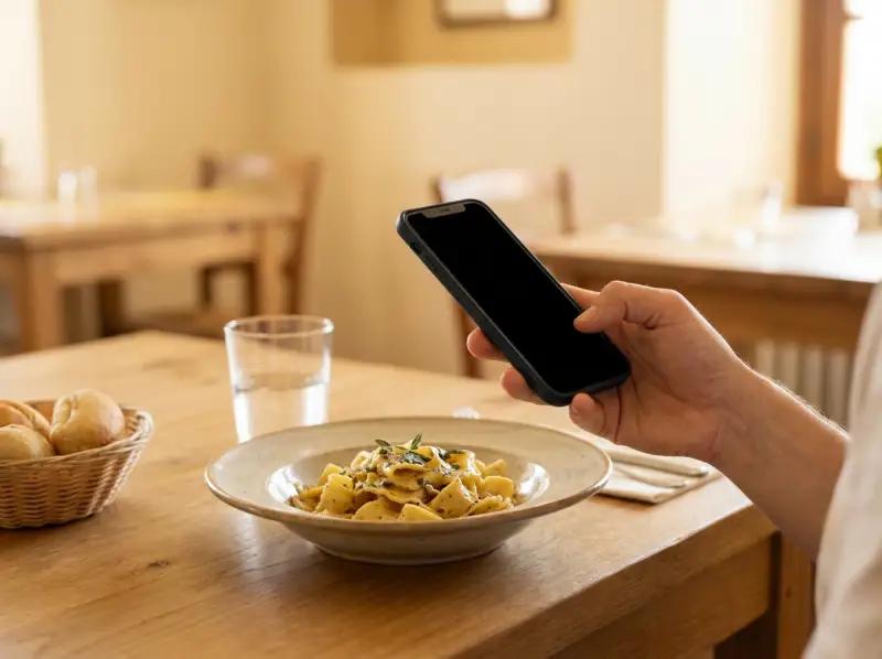 Un client photographie un plat de pâtes avant de le noter