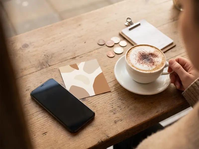 A phone and a coffee on a café counter